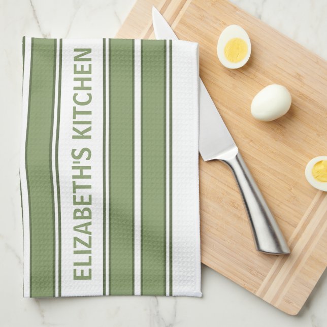 Paño De Cocina Texto personalizado Olive Green y White Stried (Doblado Cuarto)