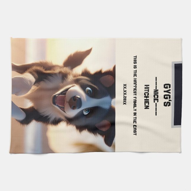 Paño De Cocina texto personalizado, perro blanco y negro lindo (Horizontal)