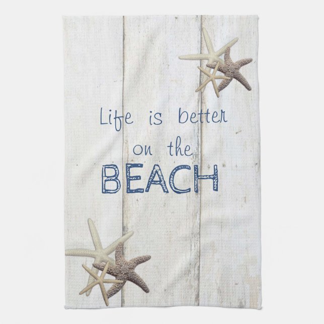 Paño De Cocina Textura De Madera Adorable, Starfish, Beach (Vertical)