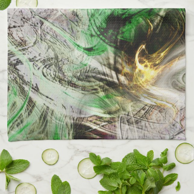 Paño De Cocina Textura rústica bajo tinta flotante verde y amaril (Doblado)