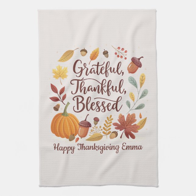 Paño De Cocina Thankful Grateful Blessed Thanksgiving Fall (Vertical)