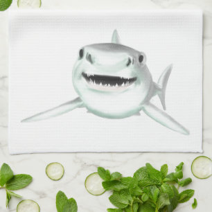Paño De Cocina tiburón acuarela sonriendo gris verde océano anima