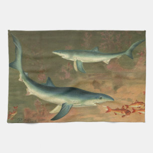 Paño De Cocina Tiburones Azules Comiendo Peces, Vida Marina Vinta