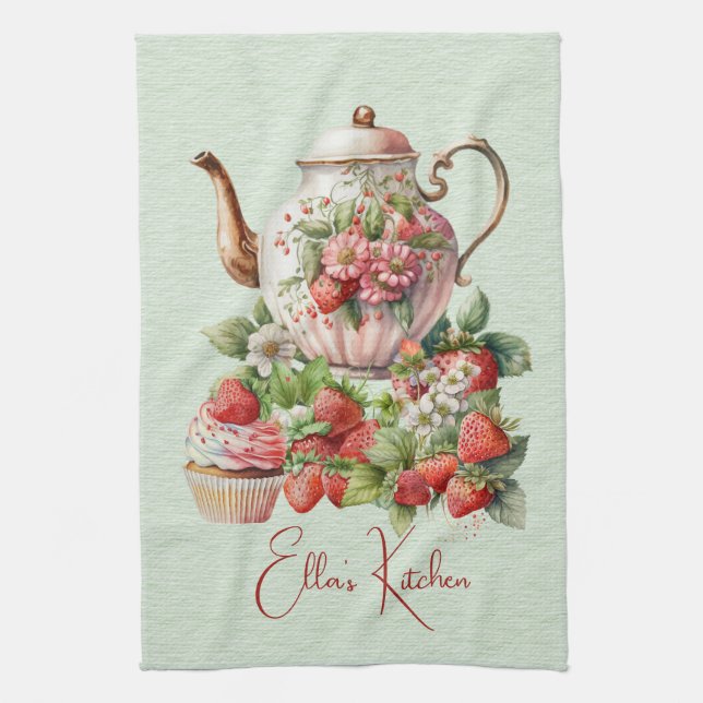 Paño De Cocina Tiempo de té de fresas y postres rojos (Vertical)