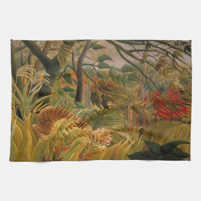 Paño De Cocina Tigre en tormenta tropical por Henri Rousseau (Horizontal)