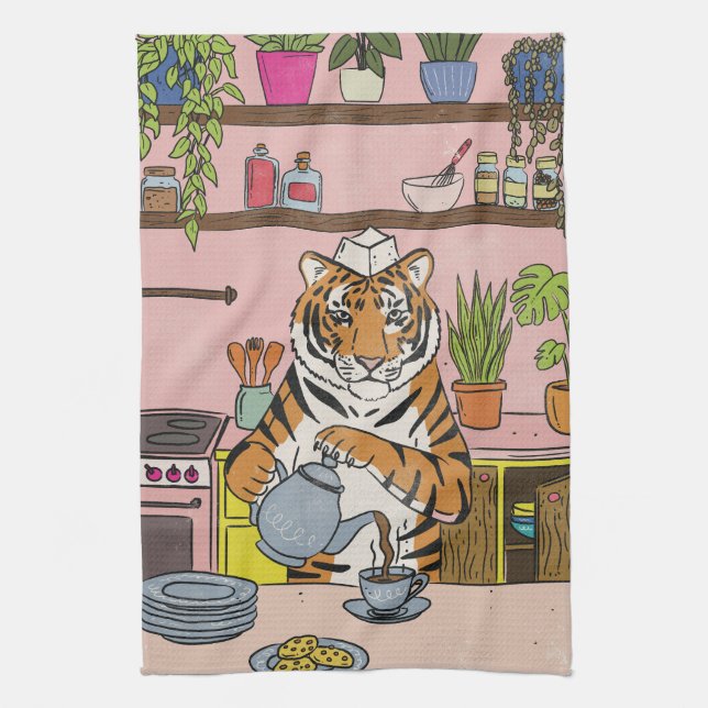 Paño De Cocina Tigre preparando té (Vertical)