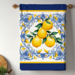 Paño De Cocina Tile Lemon Bouquet<br><div class="desc">Toallas de cocina de azulejos mediterráneos y ramo de limón de bonito. Hermosos limones sobre un fondo de azulejos mediterráneos azules y blancos. Puede agregar texto para personalizar.</div>