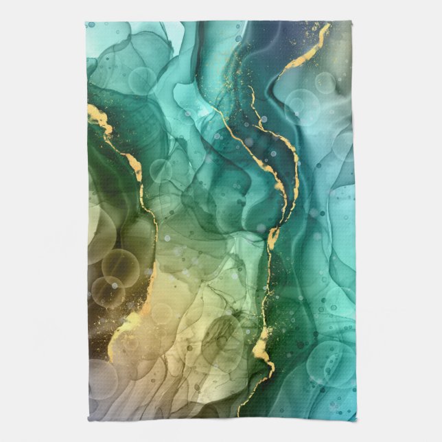 Paño De Cocina Tinta líquida de oro, Verde azulada y gris oscuro (Vertical)