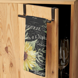 Paño De Cocina Tipografía de época y girasoles en negro