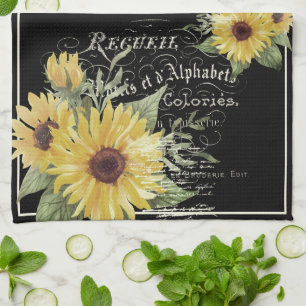 Paño De Cocina Tipografía vintage y girasoles en kitche negro