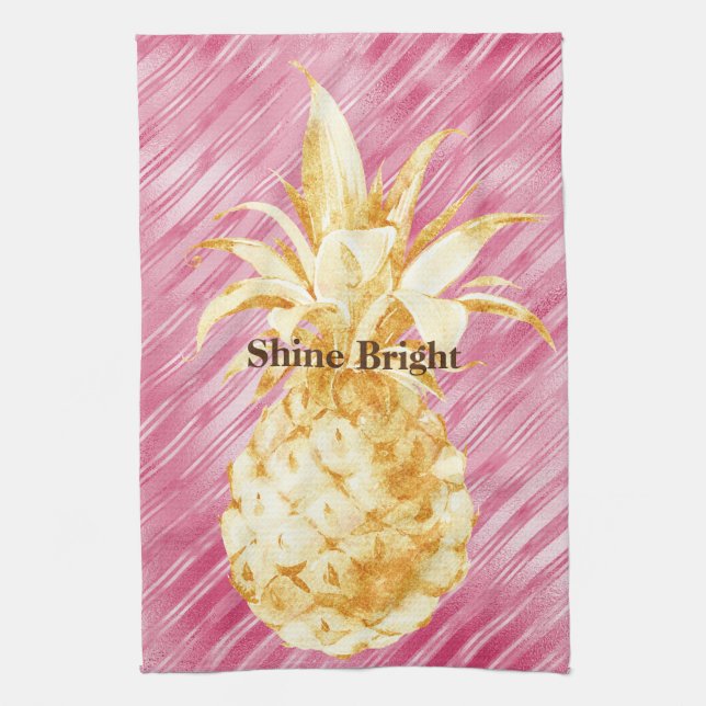 Paño De Cocina Tiras de glam rosado Oro piña tropical (Vertical)