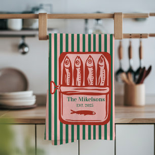 Paño De Cocina Tiras de tinte de sardina retro de familia persona
