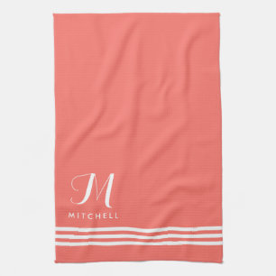Paño De Cocina Tiras y monograma sofisticados de coral y blanco