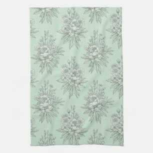 Paño De Cocina Toile Botánico Verde Menta con Ramos Florales