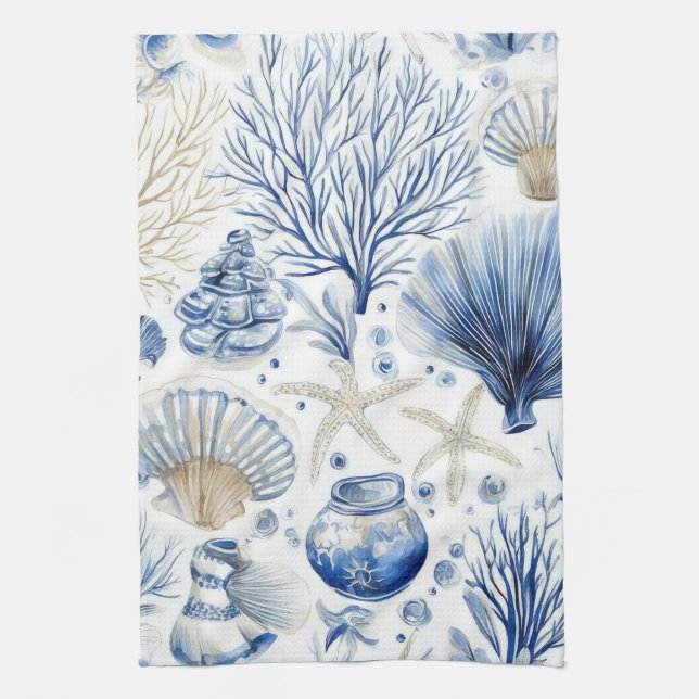 Paño De Cocina Toile Costero Azul Patrón de Coral de Concha (3) (Vertical)