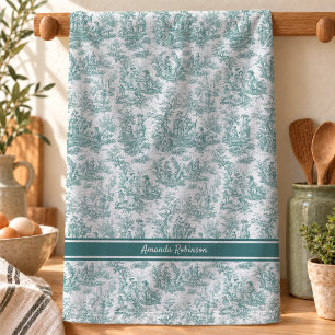 Paño De Cocina Toile de Jouy azul turquesa vintage francés