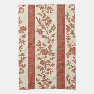 Paño De Cocina Toile de Jouy Floral Vintage en Raya Terracota