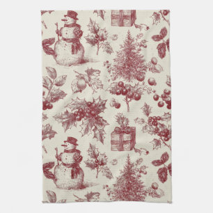 Paño De Cocina Toile de Navidad Botánico Rojo Antiguo - Acebo