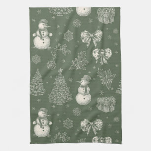 Paño De Cocina Toile de Navidad Verde Salvia Vintage (5)
