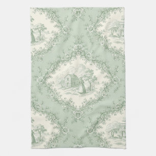Paño De Cocina Toile Floral Campestre Francés Verde Menta - Casa 