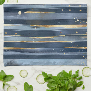 Paño De Cocina Tonos de azul rayas de oro puntos sueños