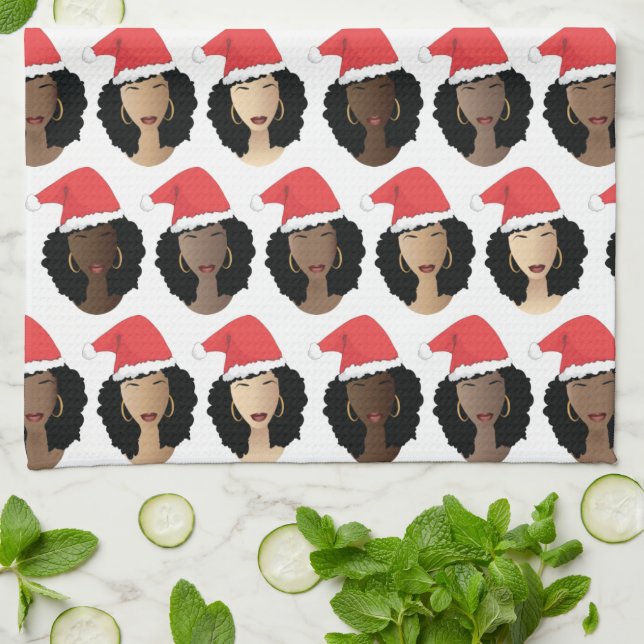 Paño De Cocina Tonos de Melanin, mujeres negras, Feliz Navidad (Doblado)