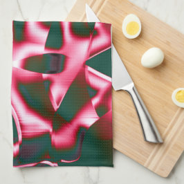 Paño De Cocina Tonos rojos en cintas abstractas en cian oscuro