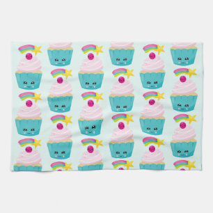 Paño De Cocina Torta azul dulce con cara de Kawaii