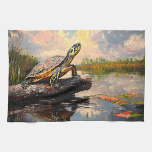 Paño De Cocina Tortuga Adorable en un Tronco Pintura de los Everg