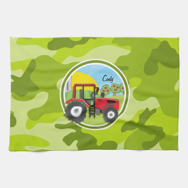 Paño De Cocina Tractor rojo; camo verde brillante, camuflaje (Horizontal)