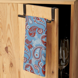 Paño De Cocina Tradicional Paisley Linocut Rojo Azul Blanco