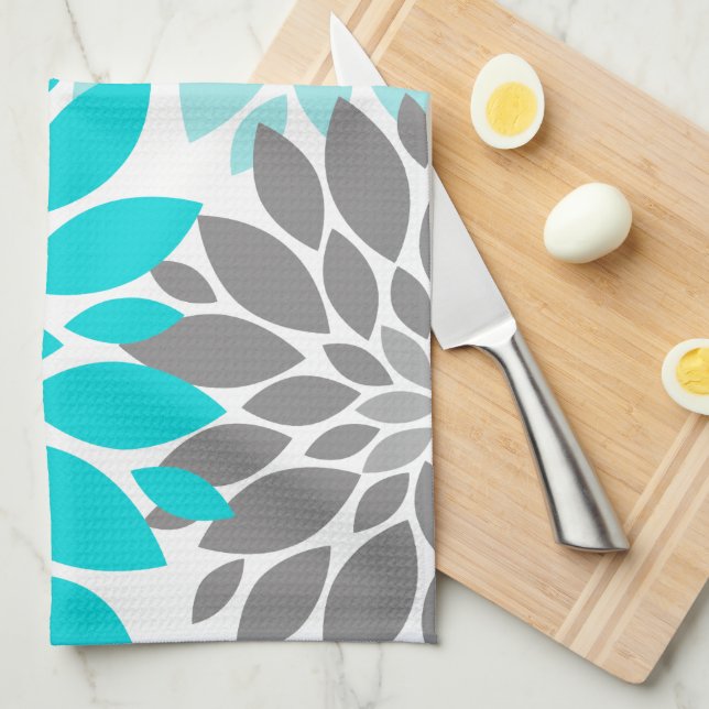 Paño De Cocina Trama floral de crisantemos turquesa y gris (Doblado Cuarto)