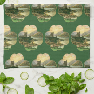 Paño De Cocina Trébol dorado Lucky Vintage con un castillo irland