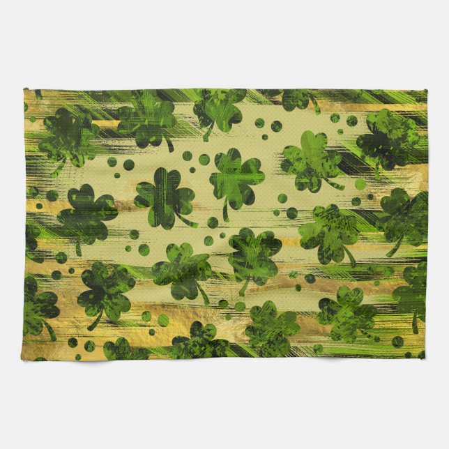 Paño De Cocina Trébol irlandés - oro pintado trébol y verde (Horizontal)
