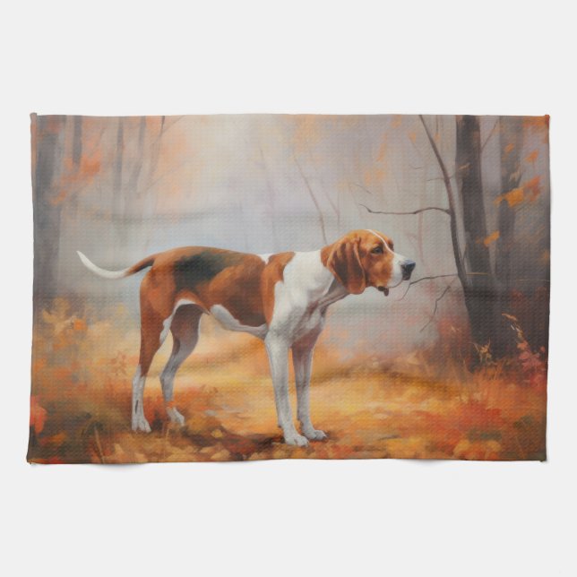 Paño De Cocina Treeing Walker Coonhound in Autumt Leaves fall (Horizontal)