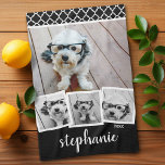 Paño De Cocina Trendy 4 Nombre de guión de Collage de fotos Blanc<br><div class="desc">Para este diseño se pueden utilizar fotos cuadradas o selfie. Utiliza cuatro fotos cuadradas para crear un regalo único y personal. O puedes mantener al cachorro hipster y hacer un keepsake de moda. Si necesita ajustar las imágenes,  haga clic en la herramienta personalizar para realizar cambios.</div>