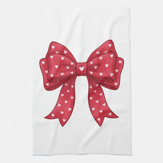 Paño De Cocina Trendy Coquette Red Ribbon Bow with White Hearts (Vertical)
