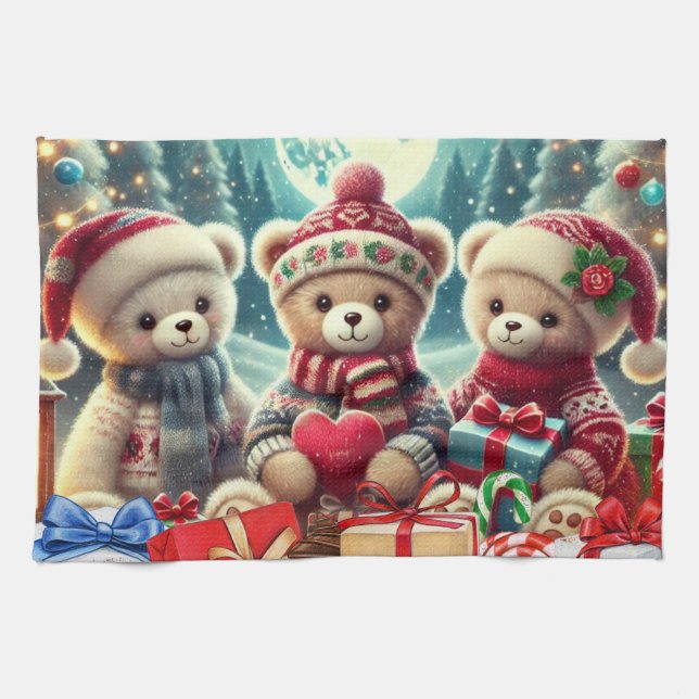 Paño De Cocina Tres Cuidados Teddy Bears Feliz Navidad (Horizontal)
