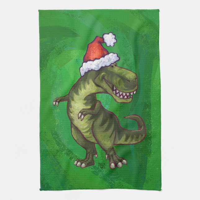Paño De Cocina TRex en Santa Hat en Green (Vertical)