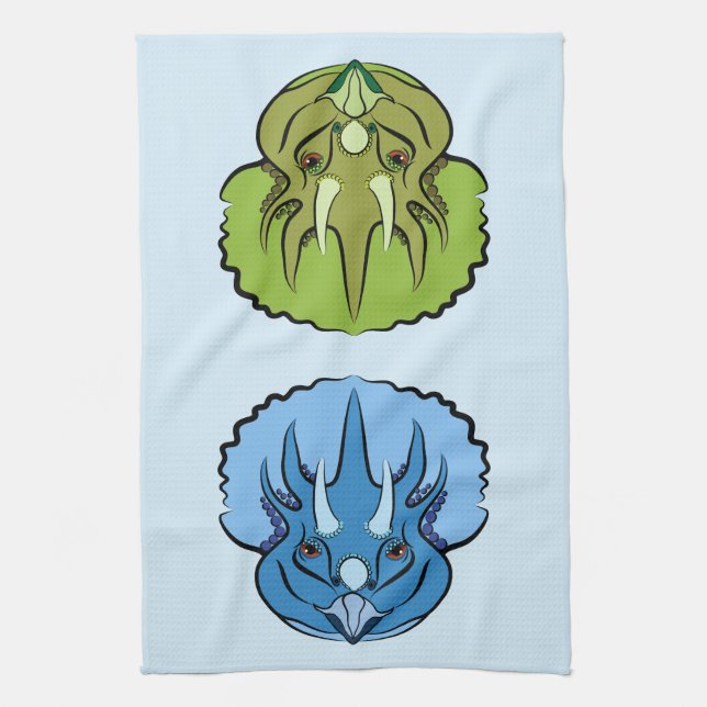Paño De Cocina Triceratops Dinosaurios Cute Azul y Verde (Vertical)