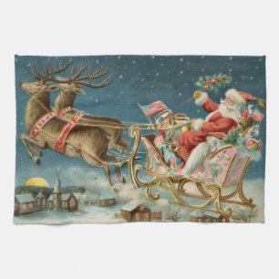 Paño De Cocina Trineo Antiguo de Navidad de Santa Claus Reno