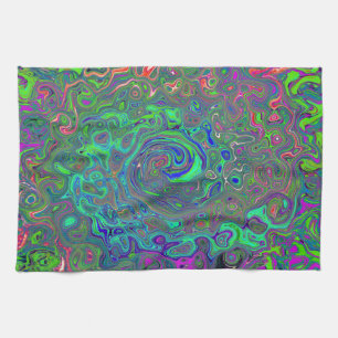 Paño De Cocina Trippy Chartreuse y Blue Retro Liquid Swirl