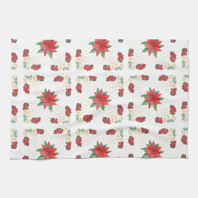 Paño De Cocina Trivet Christmas Holiday Red Poinsettia and Gold (Horizontal)