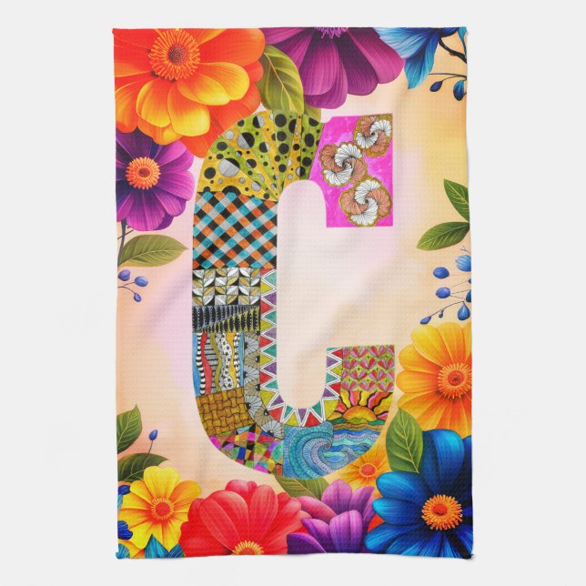 Paño De Cocina Tropical Flowers Monogram C Kitchen Towel (Vertical)