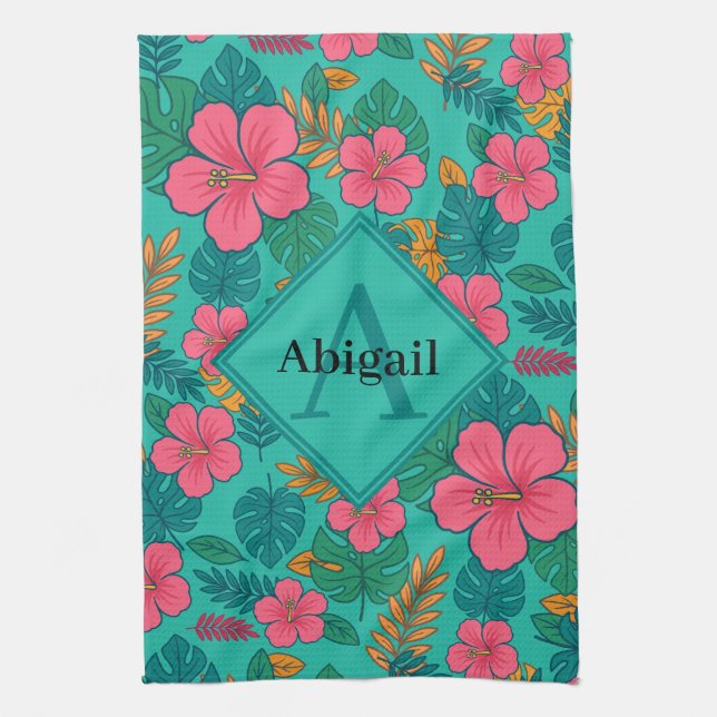 Paño De Cocina Tropical Hibiscus and Palm Leaf Pattern  (Vertical)