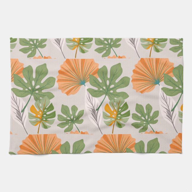 Paño De Cocina Tropical Leaf Composition in Orange and Green (Horizontal)