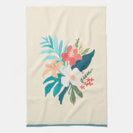 Paño De Cocina Tropical Watercolor Flowers in Coral & Teal