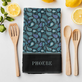 Paño De Cocina Tu nombre en elegante patrón de paisley azul retro