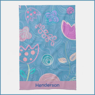 Paño De Cocina Tulipán floral azul rosa y morado moderno