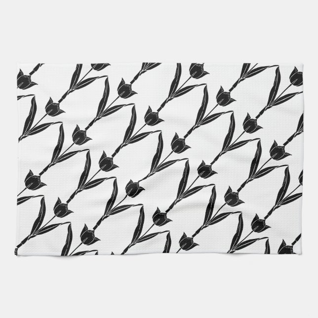 Paño De Cocina Tulipán negro, negro y blanco, flor, floral (Horizontal)